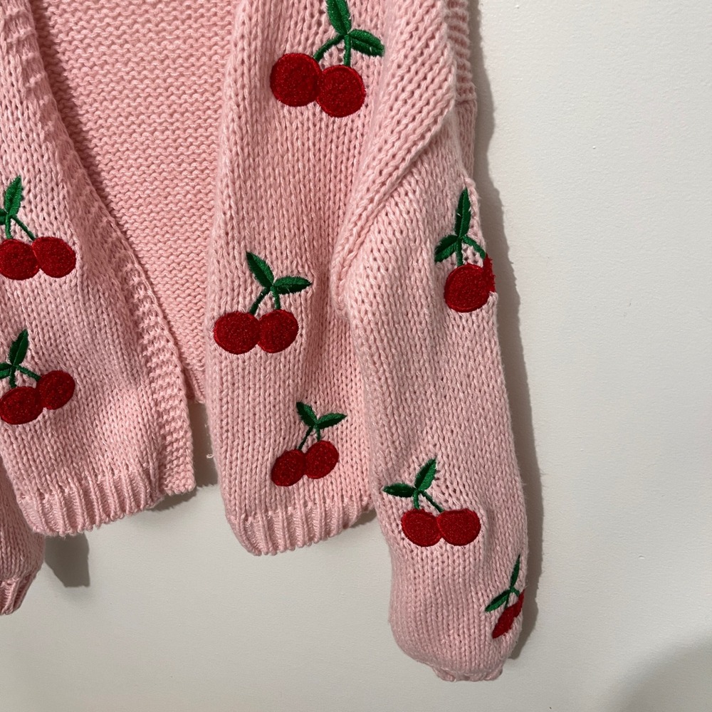 Altar'd State Cherry Embroidered Cardigan Women Medium Pink Chunky Knit Sweater - Picture 2 of 6